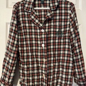 Lauren Ralph Lauren Flannel Plaid Pajama Top Button Embroidered Green Red M